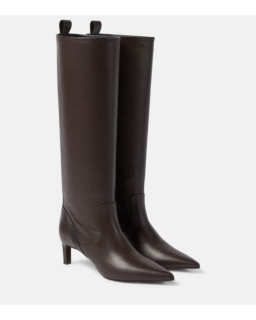 Brunello Cucinelli Brown Embellished Leather Knee-High Boots