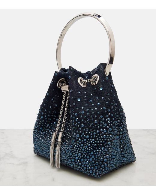 Jimmy Choo Blue Bon Bon Embellished Mesh Bucket Bag