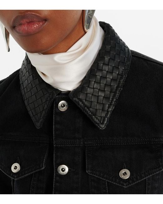 Bottega Veneta Blue Intrecciato Leather-Trimmed Denim Jacket