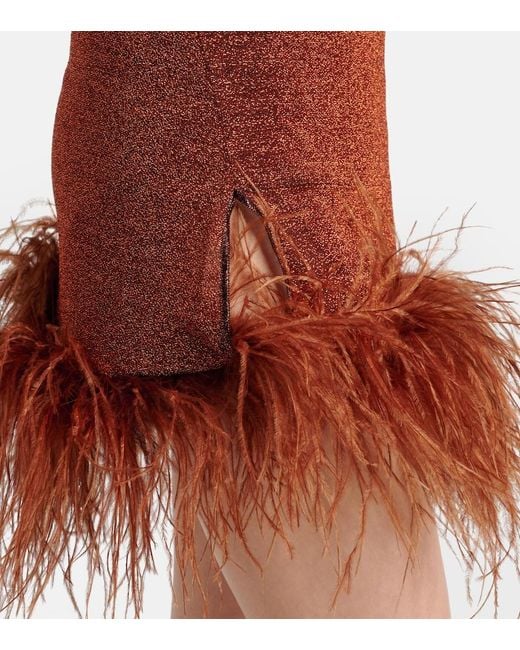 Oseree Brown Lumiere Plumage Feather-Trimmed Minidress