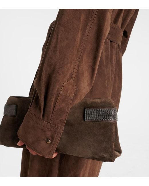 Vestido Camisero De Ante Con Cuentas Monili Brunello Cucinelli de color Brown
