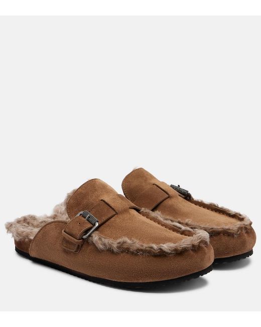 Brunello Cucinelli Brown Slippers Monili Aus Veloursleder Mit Shearling