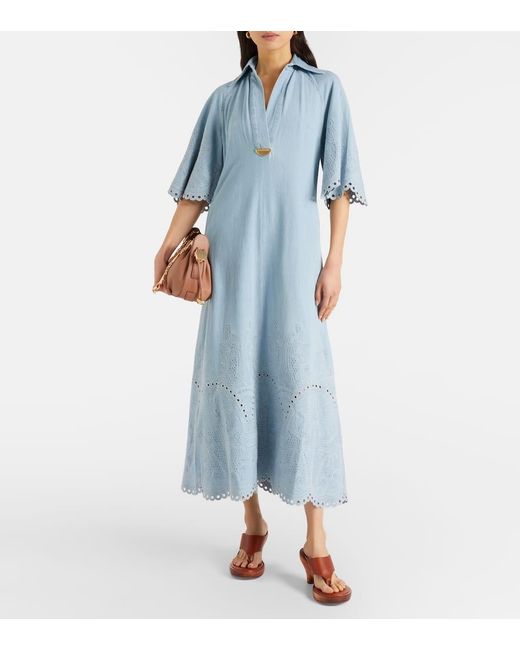 Zimmermann Blue Daylight Embroidered Denim Midi Dress