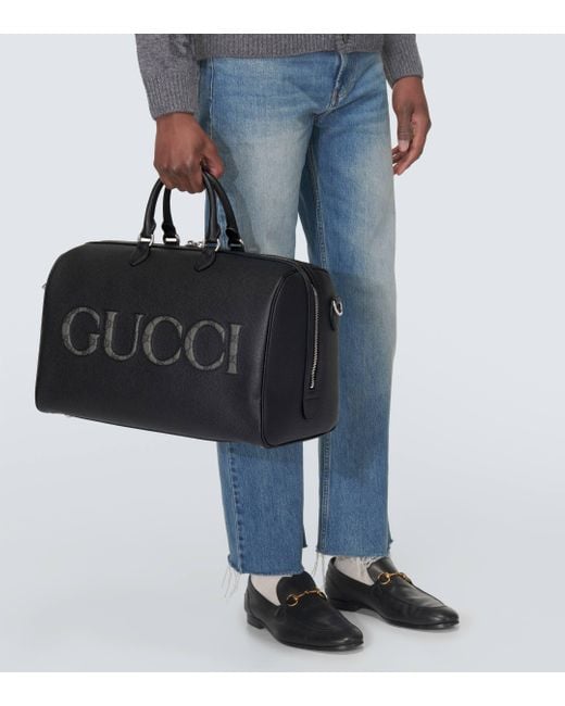 Gucci Black Medium Logo Leather Duffel Bag for men