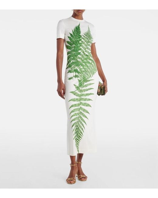 Oscar de la Renta Green Fern Printed Jersey Dress