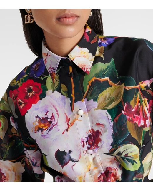 Vestido camisero de saten de seda floral Dolce & Gabbana de color Black