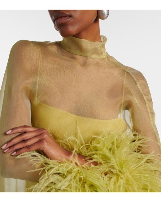 Taller Marmo Yellow Daisy Feather-Trimmed Organza Kaftan