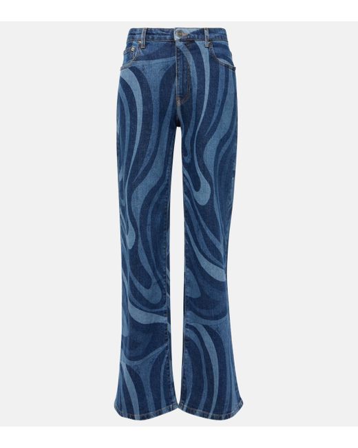 Emilio Pucci Blue Marmo-printed Mid-rise Straight Jeans