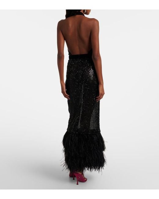 Dolce & Gabbana Black Feather-Trimmed Sequined Sheer Gown