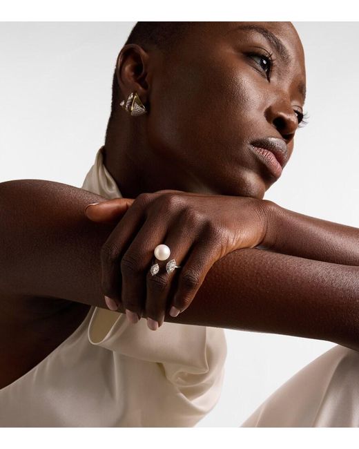 YEPREM White Pearlescent 18Kt Ring With Diamonds And Pearl