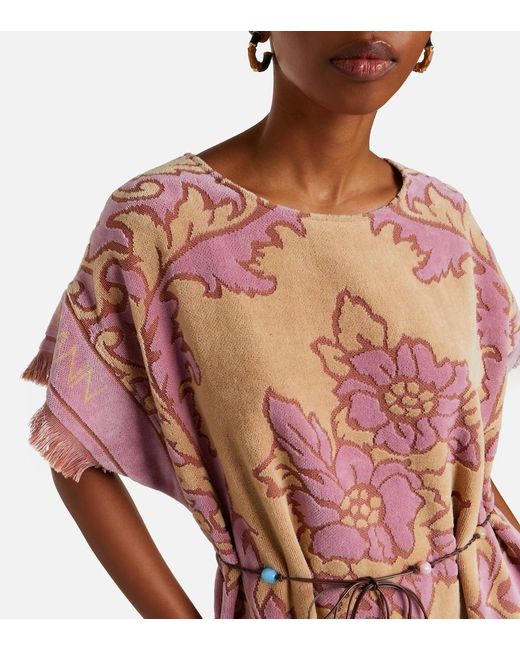 Zimmermann Pink Aster Floral Fringed Cotton Terry Midi Dress