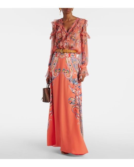 Etro Pink Printed Ruffled Silk Blouse