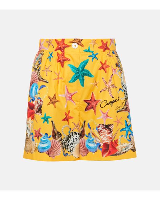 Dolce & Gabbana Yellow Capri Printed High-rise Cotton Shorts