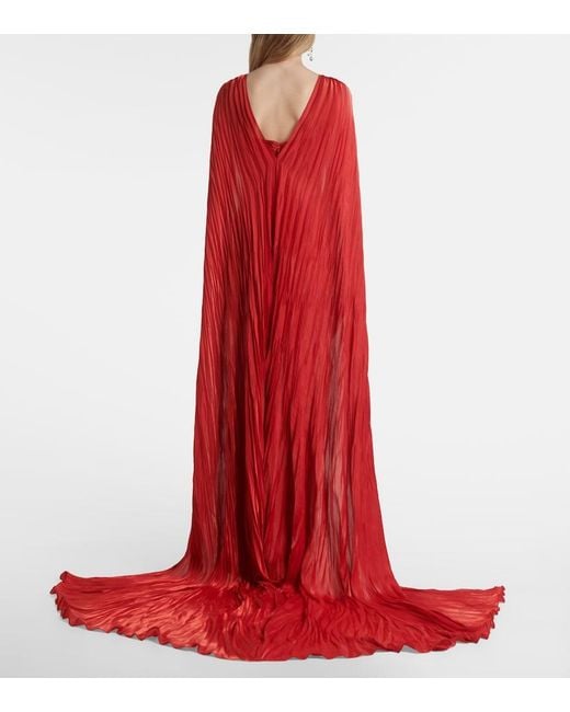 Marmar Halim Red Caped Pleated Bustier Gown