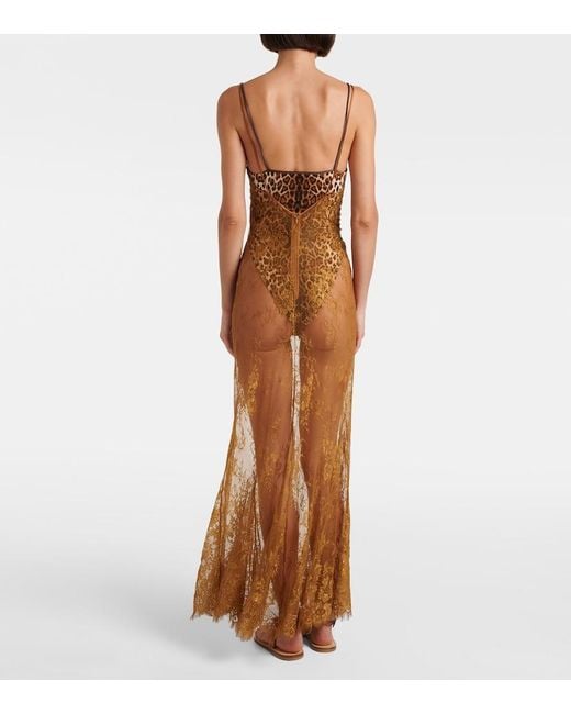JACQUES WEI Brown Silk-Trimmed Lace Maxi Dress
