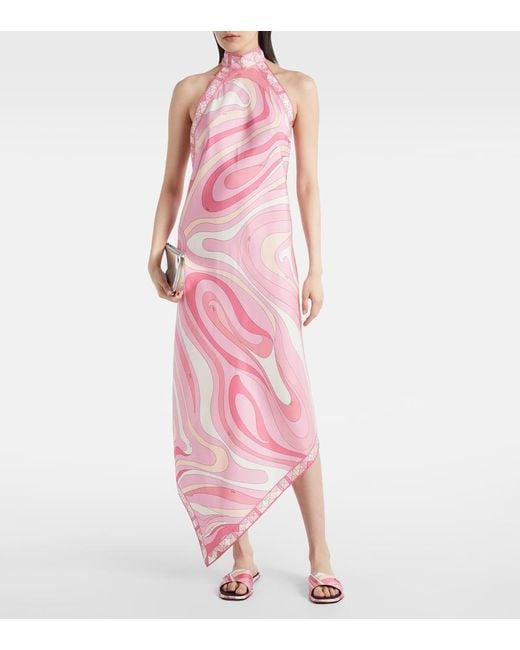 Emilio Pucci Pink Marmo Asymmetric Silk Maxi Dress