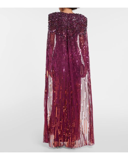 Jenny Packham Purple Lotus Cape-effect Embellished Sequined Tulle Gown