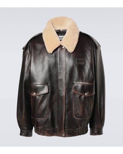 Miu Miu Shearling-Trimmed Leather Bomber Jacket in Black for Men