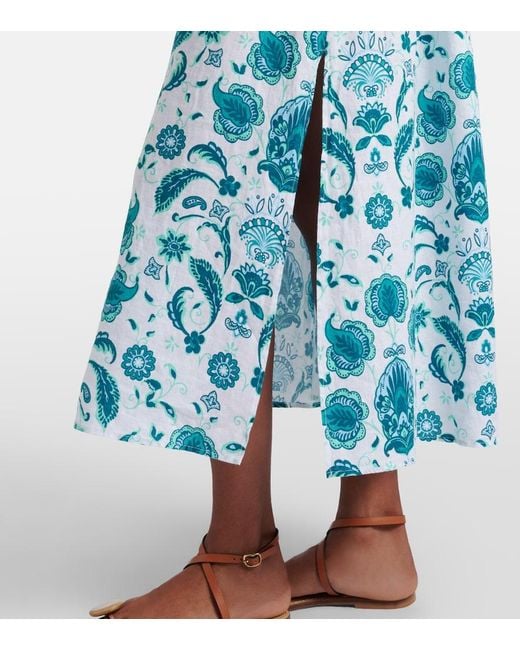 Heidi Klein Blue Kos Paisley Shirred Linen Maxi Dress