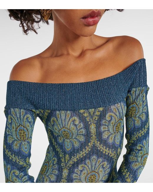 Etro Green Printed Off-Shoulder Midi Dress