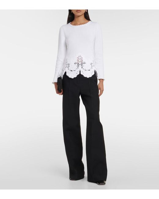 Oscar de la Renta White Lace-Trimmed Cotton Sweater