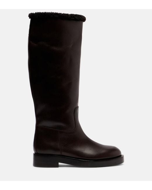 Paris Texas Black Shearling-Trimmed Leather Knee-High Boots