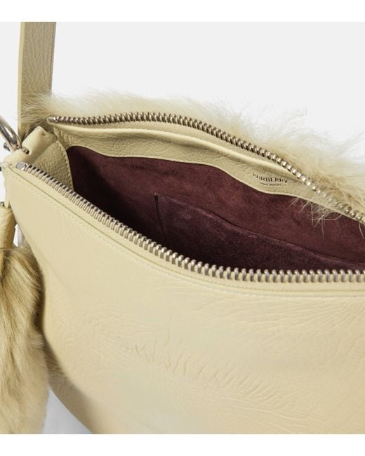 Burberry White Knight Medium Shearling-trimmed Leather Shoulder Bag