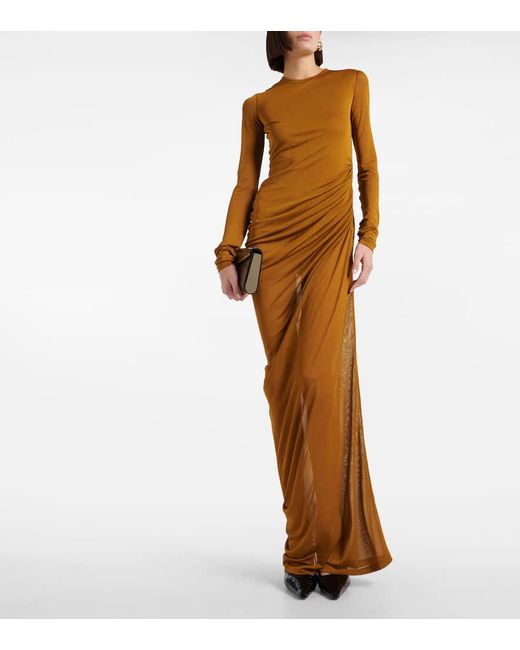 Saint Laurent Yellow Ruched Jersey Voile Maxi Dress