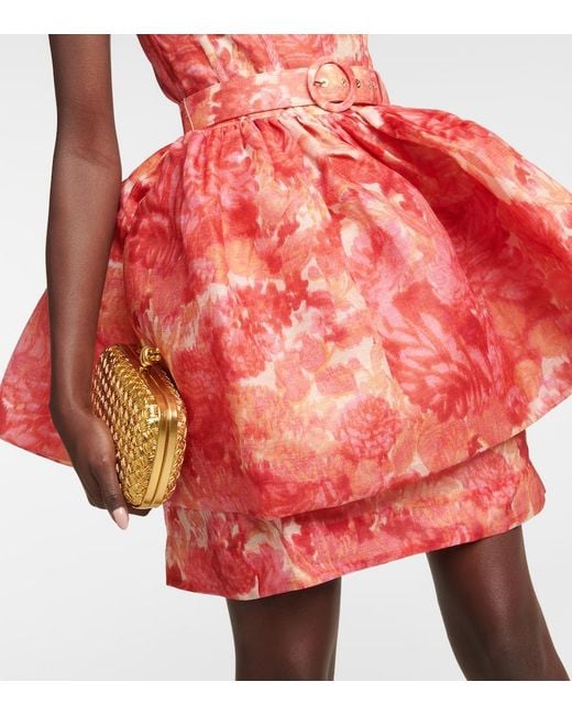Zimmermann Red Floral-print Corseted Linen-silk Mini Dress