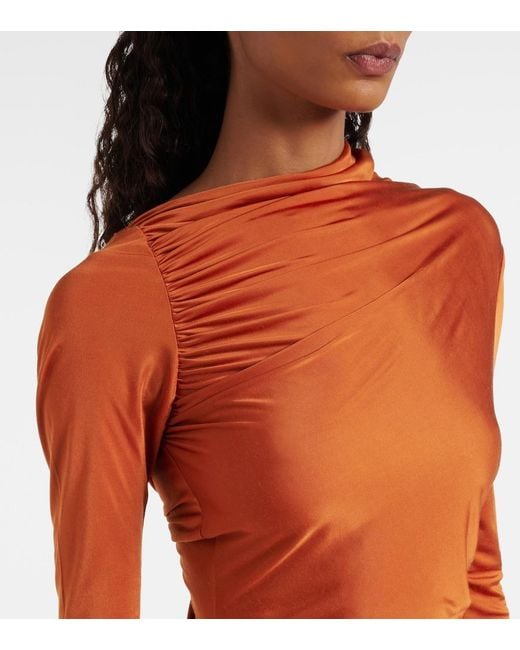 Rick Owens Orange Svita Ruched Satin Jersey Midi Dress