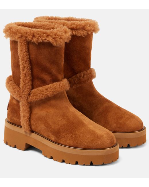 Aquazzura Brown Teddi 20 Shearling-Trimmed Suede Ankle Boots