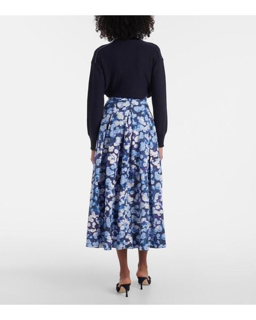Erdem Blue Floral Pleated Cotton Midi Skirt