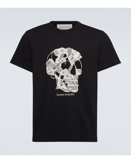 T-shirt in jersey di cotone con ricamo di Alexander McQueen in Black da Uomo