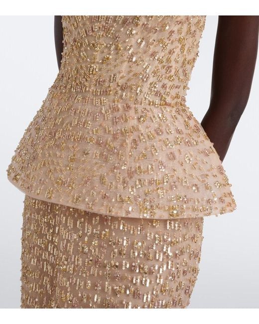 Monique Lhuillier Natural Embellished Peplum Bustier Gown