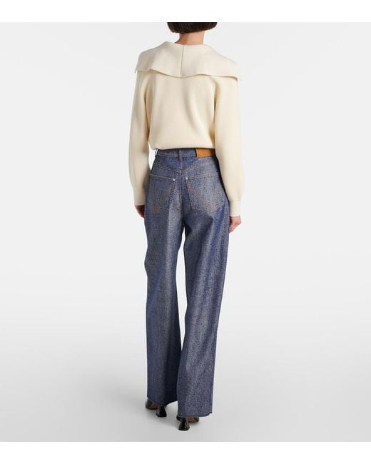 Bottega Veneta Blue Trompe L'Oil Wool And Cotton Wide-Leg Pants