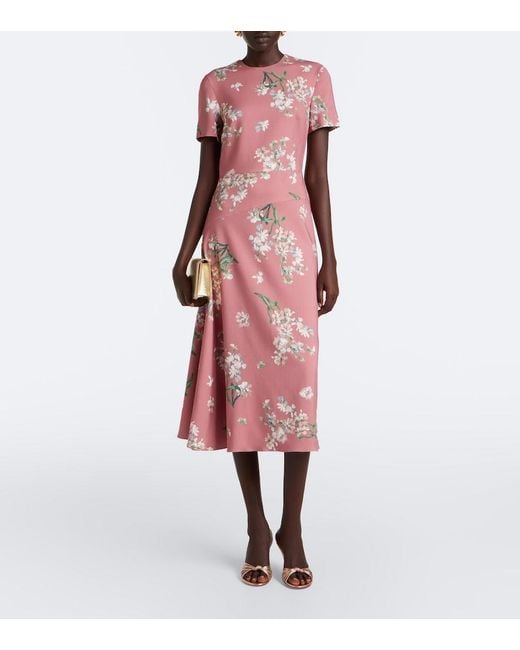 Erdem Pink Floral Asymmetric Floral Cady Midi Dress