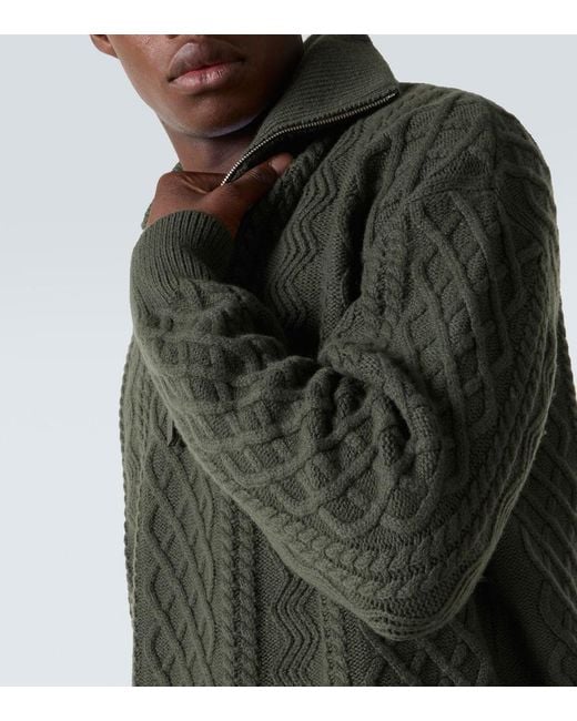 Loewe Green Aran-Knit Wool Half-Zip Turtleneck Sweater for men