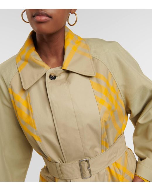 Burberry Yellow Appliquéd Belted Checked Cotton-gabardine Trench Coat