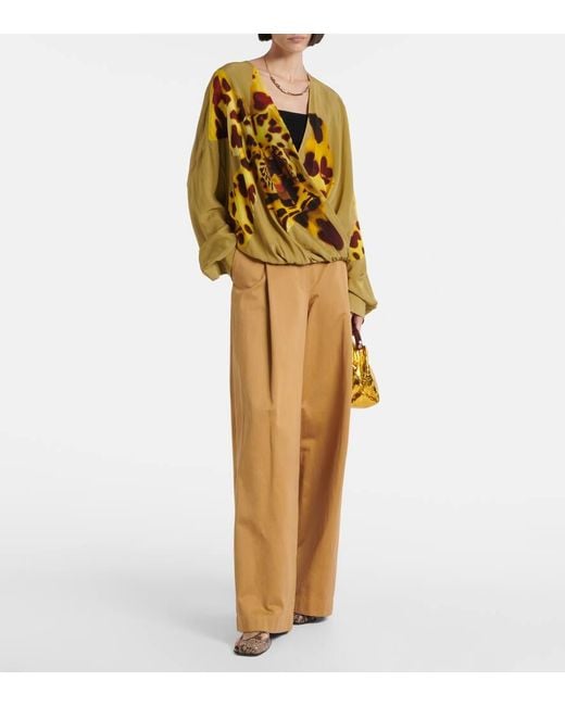 Dries Van Noten Women's Yellow Printed Draped Satin Blouse