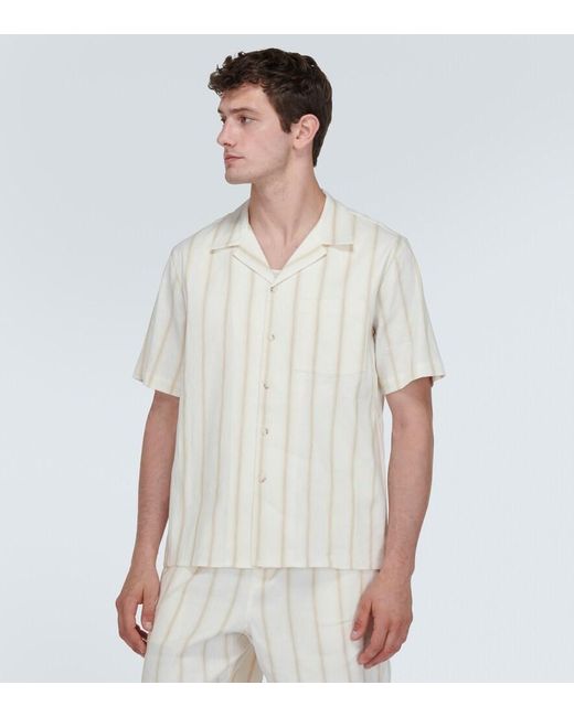 Commas White Striped Linen-Blend Bowling Shirt for men