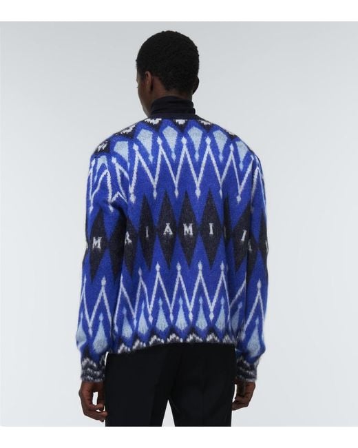 Amiri Blue Argyle Alpaca And Mohair-Blend Cardigan for men