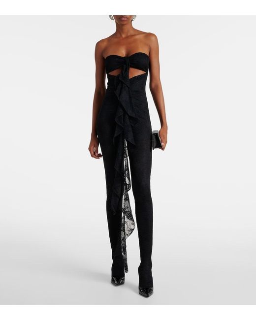 Oseree Black Ruffled Cutout Lace Catsuit