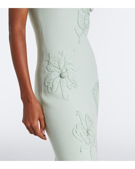Oscar de la Renta Green Floral Applique Wool-Blend Midi Dress