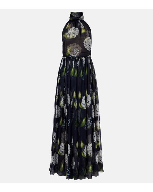 Oscar de la Renta Black Porcelain Flower Silk Chiffon Gown