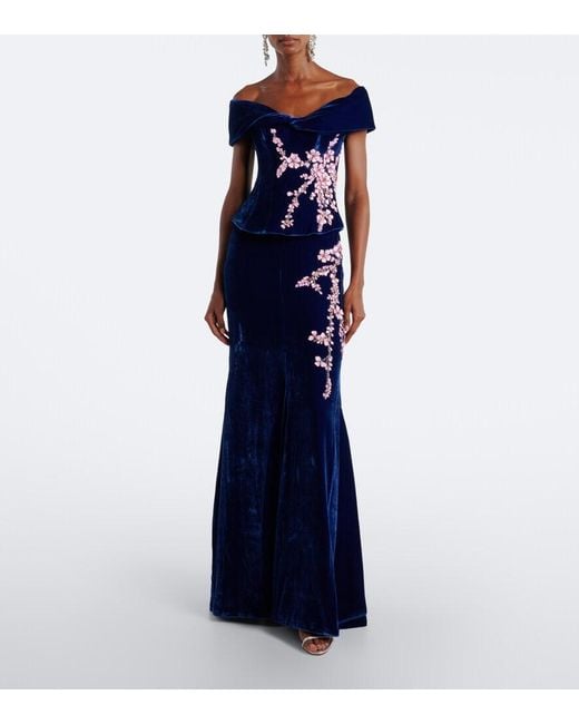 Costarellos Blue Rielle Embellished Floral-Applique Velvet Gown