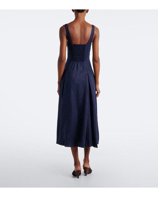 Faithfull The Brand Blue Adalee Pleated Shirred Linen Midi Dress