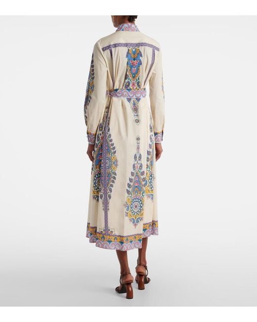 Etro White Cotton Chemise Midi Dress With Paisley Print