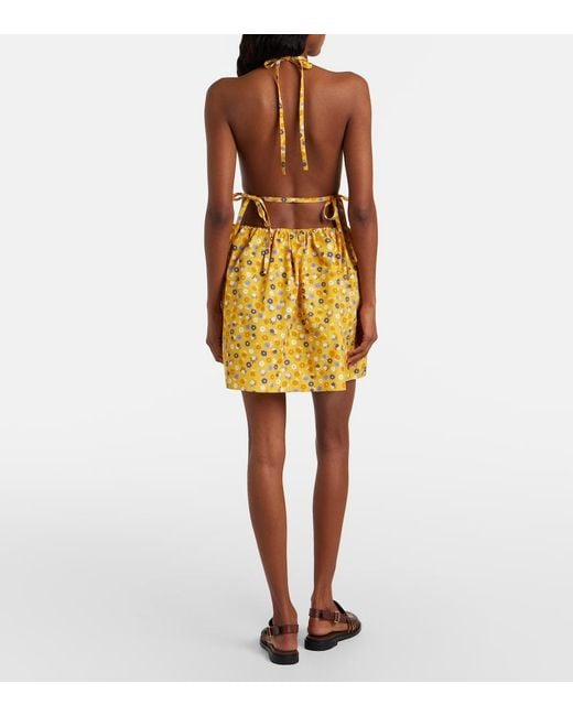 Miu Miu Yellow Floral Open-Back Cotton Poplin Minidress