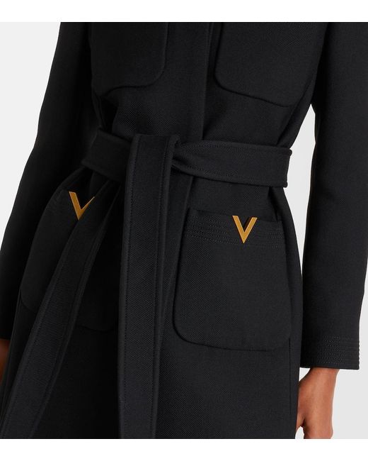 Valentino Black Vgold Belted Wool And Silk Coat