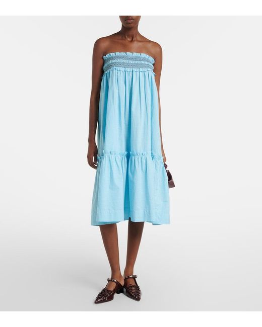 Ganni Blue Embroidered Gingham Cotton Poplin Maxi Skirt